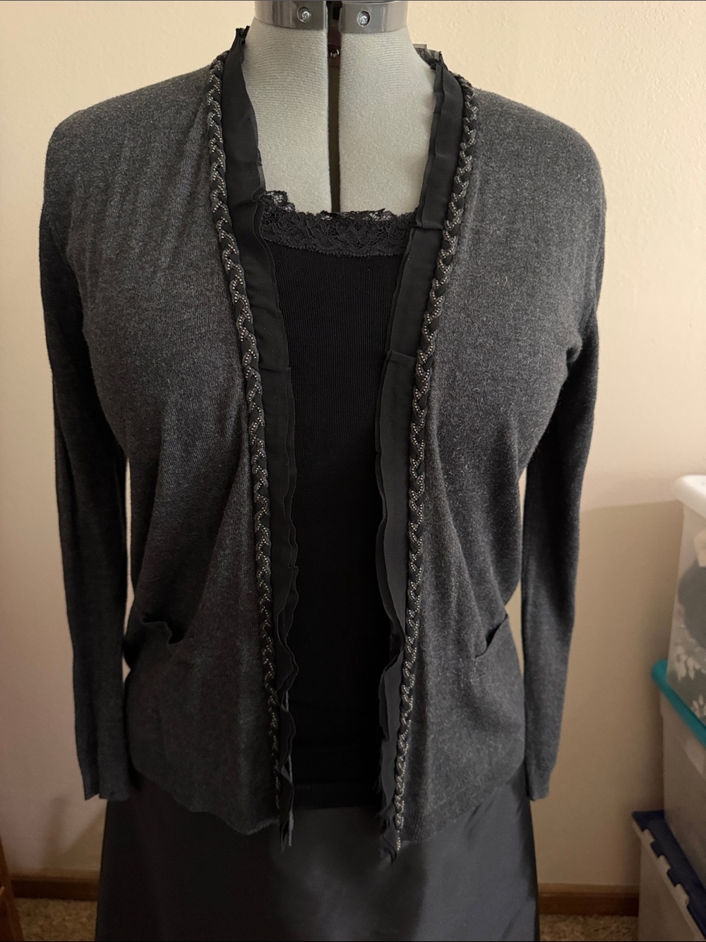 Women's Loft Charcoal Gray Open Front Cardigan with Trim
